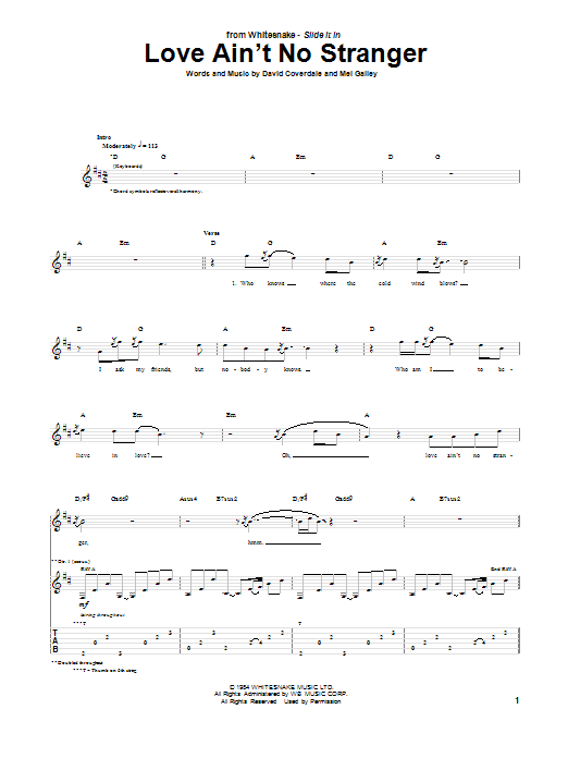 Whitesnake Love Ain't No Stranger Sheet Music