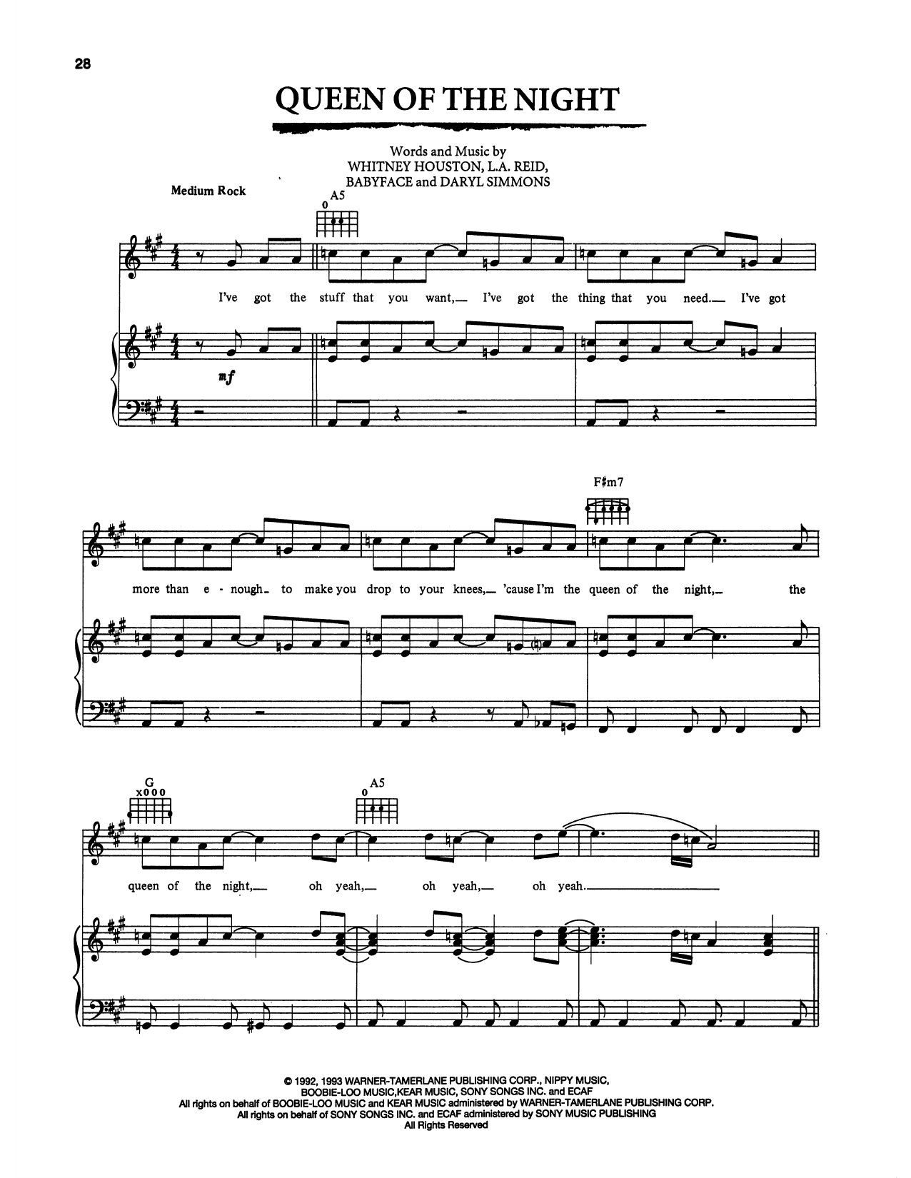 Whitney Houston Queen Of The Night (from The Bodyguard) Sheet Music