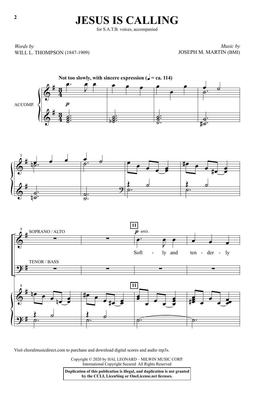 Will L. Thompson and Joseph M. Martin Jesus Is Calling Sheet Music