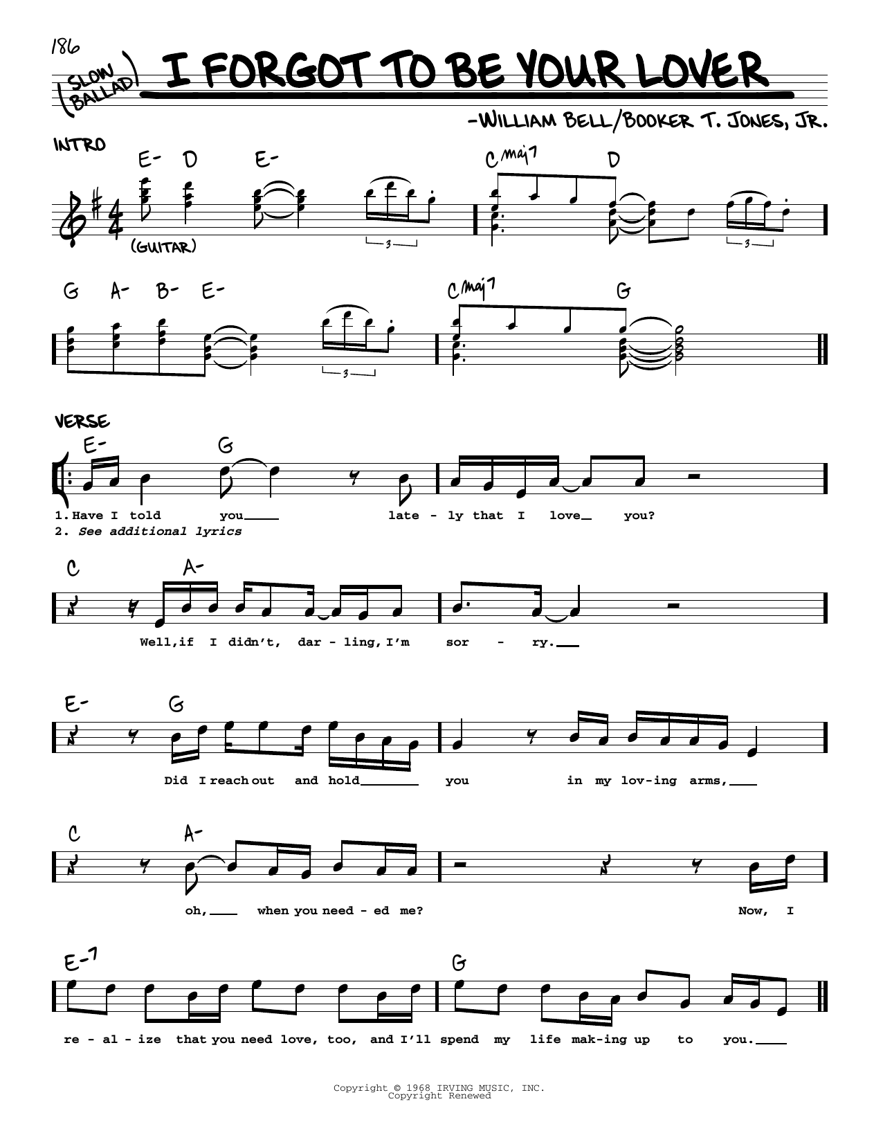 William Bell I Forgot To Be Your Lover Sheet Music