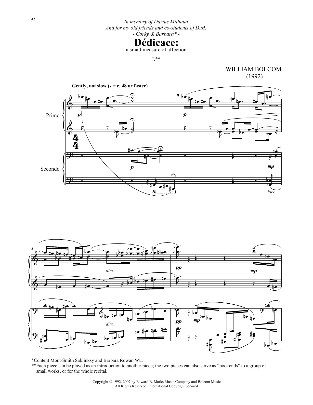 William Bolcom Dedicace Sheet Music