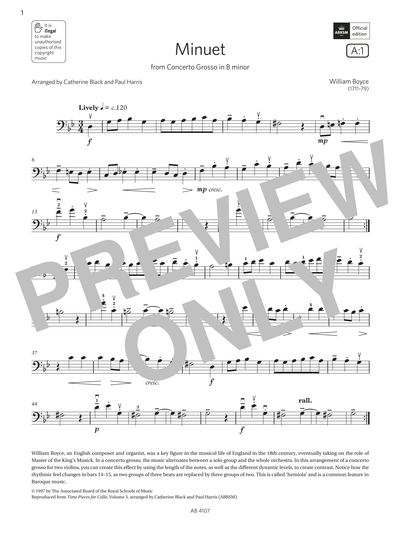 William Boyce Minuet (Grade 4, A1, from the ABRSM Cello Syllabus from 2024) Sheet Music