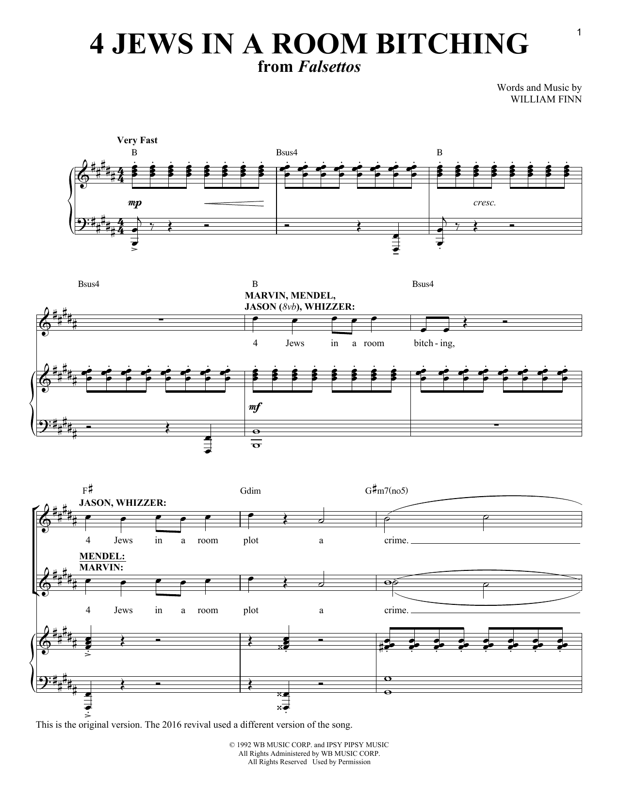 William Finn 4 Jews In A Room Bitching Sheet Music