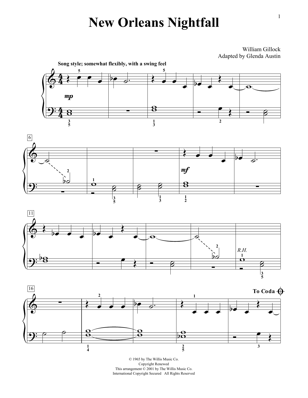 William Gillock New Orleans Nightfall (Simplified) (adapted by Glenda Austin) Sheet Music