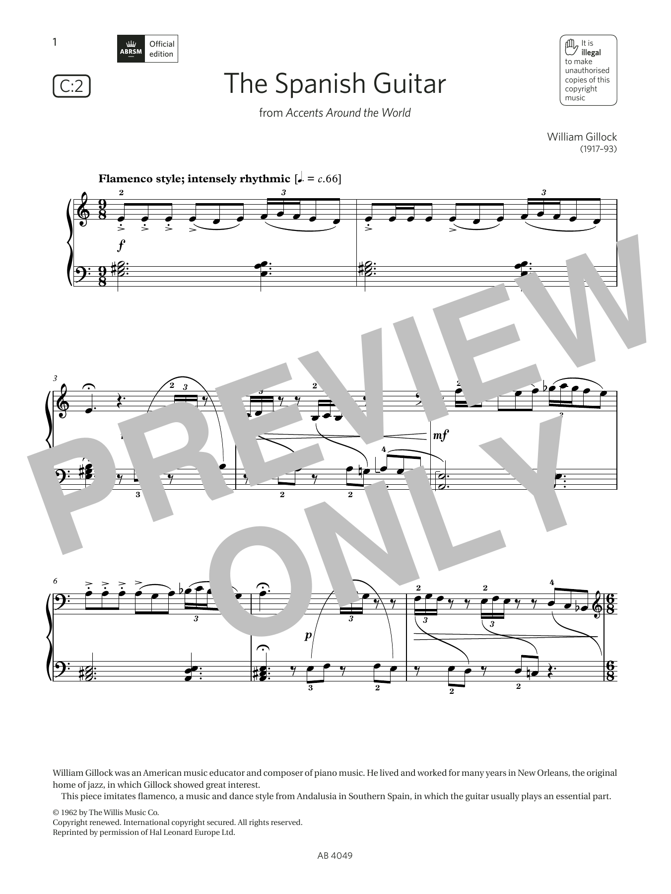 William Gillock The Spanish Guitar (Grade 3, list C2, from the ABRSM Piano Syllabus 2023 & 2024) Sheet Music
