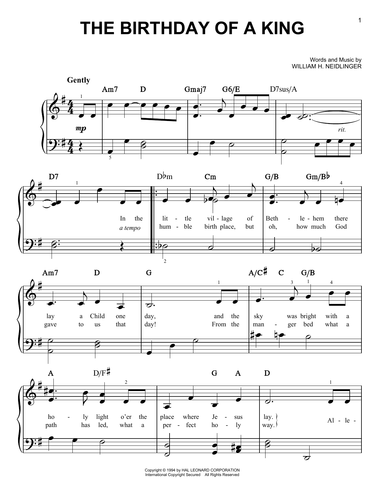 William H. Neidlinger The Birthday Of A King Sheet Music