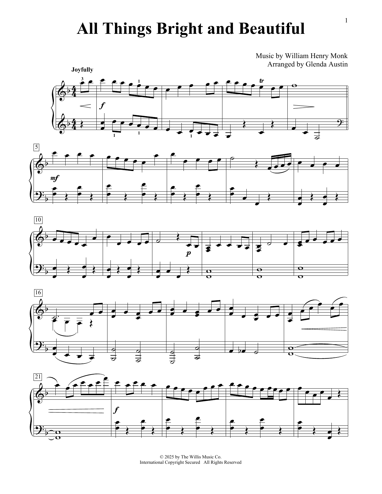 William Henry Monk All Things Bright And Beautiful (arr. Glenda Austin) Sheet Music