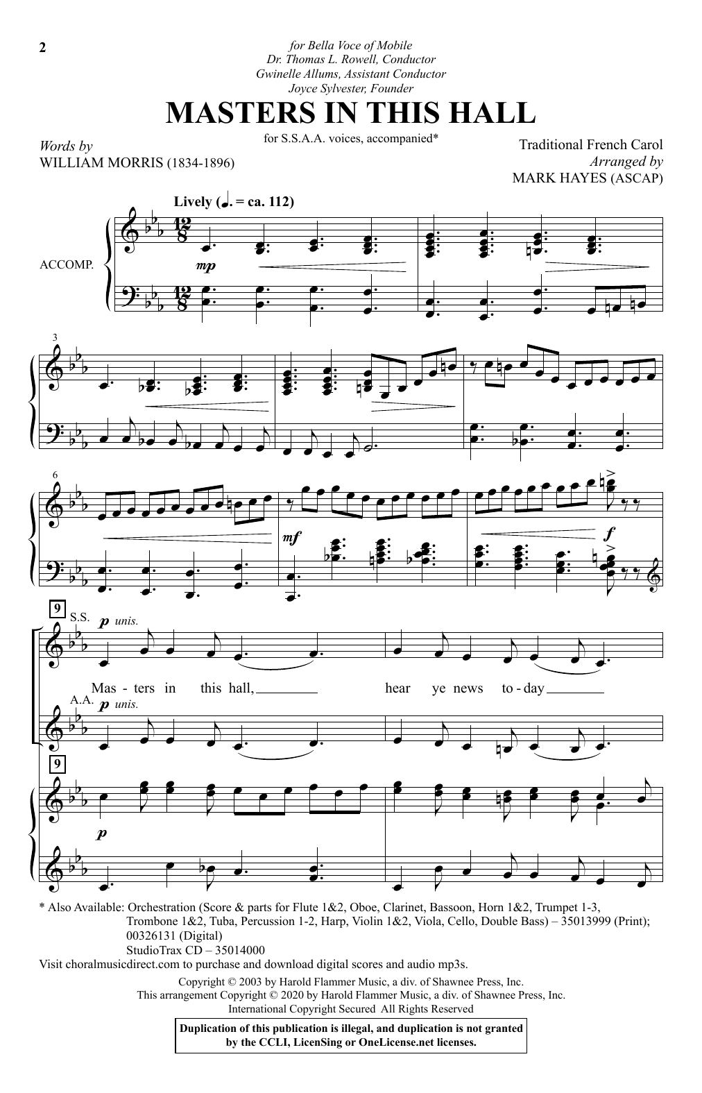 William Morris Masters In This Hall (arr. Mark Hayes) Sheet Music