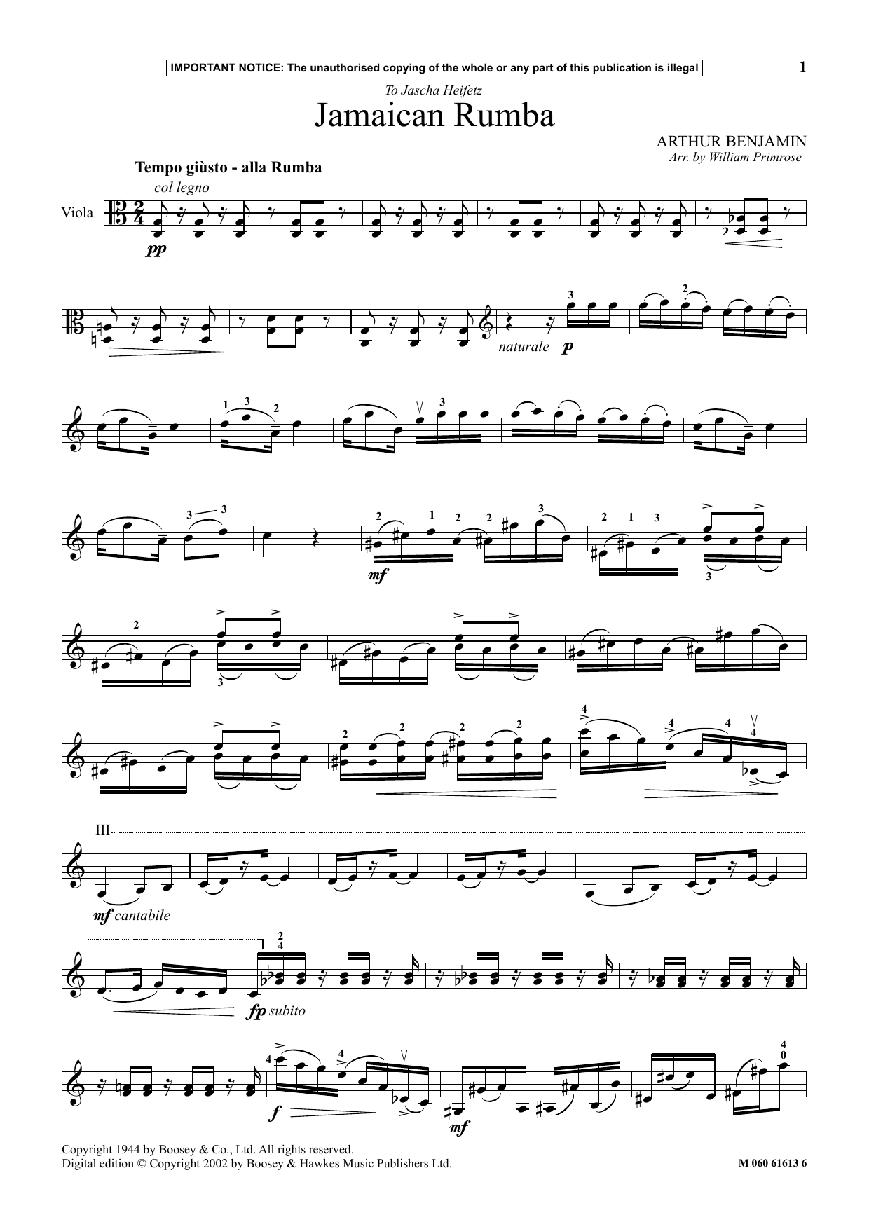 William Primrose Jamaican Rumba Sheet Music