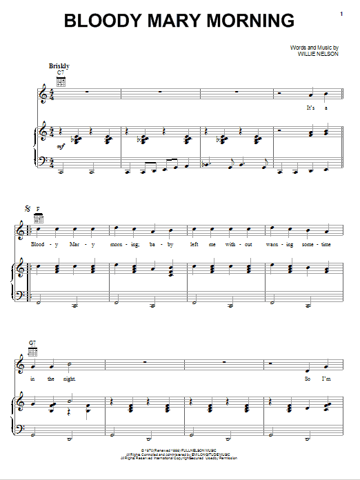Willie Nelson Bloody Mary Morning Sheet Music