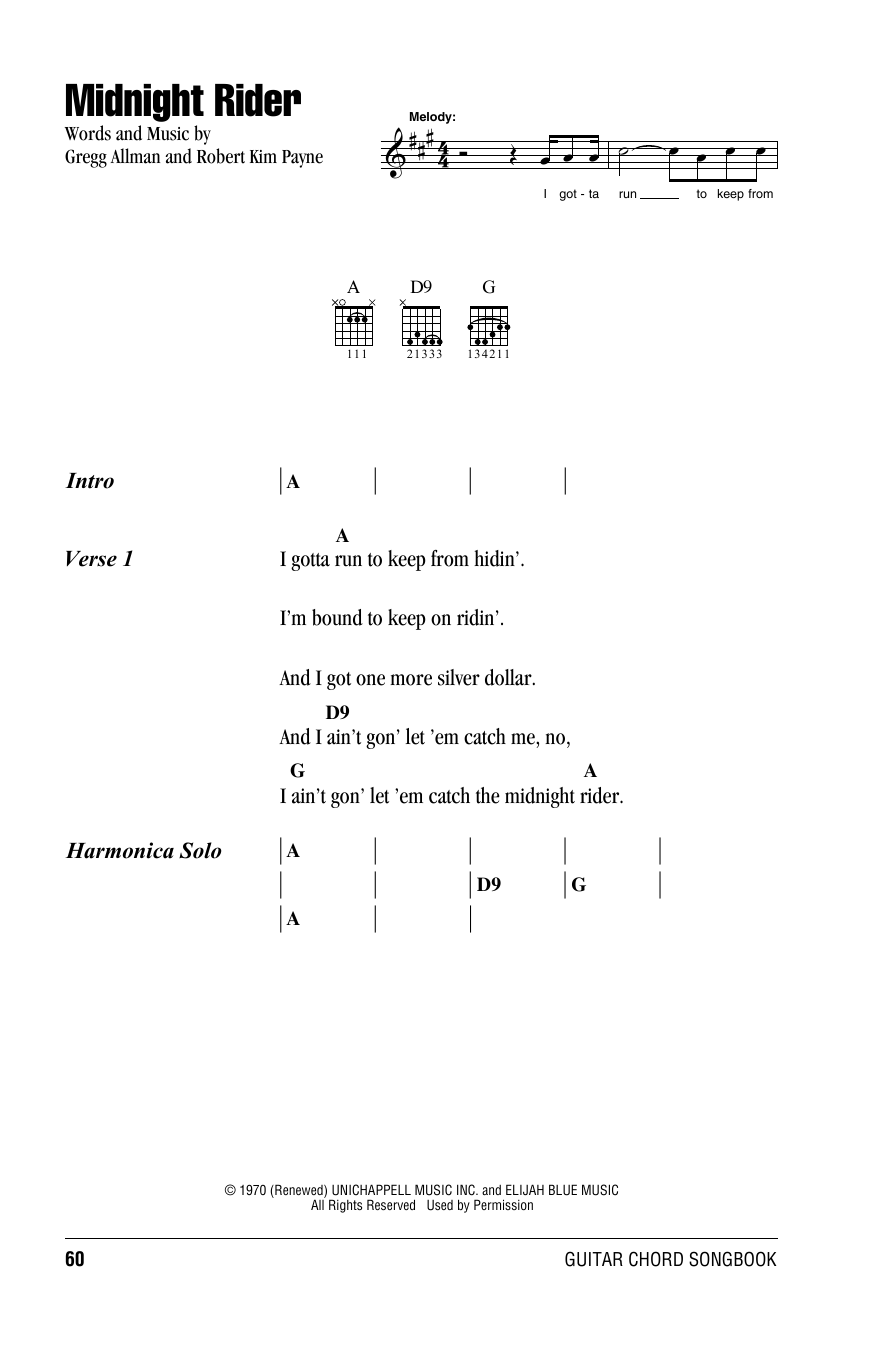Willie Nelson Midnight Rider Sheet Music