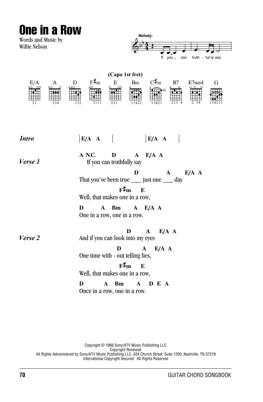 Willie Nelson One In A Row Sheet Music