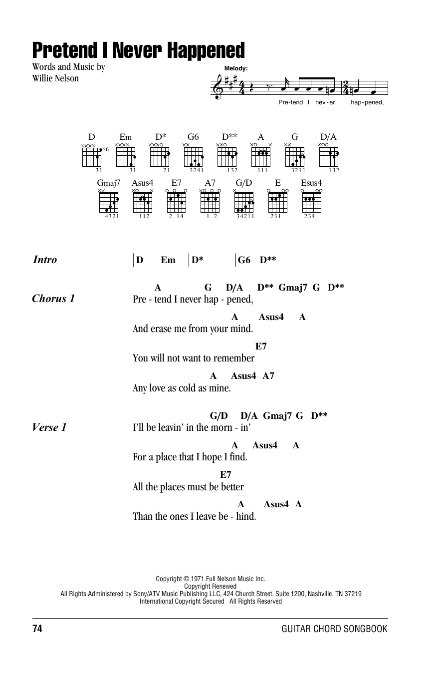 Willie Nelson Pretend I Never Happened Sheet Music