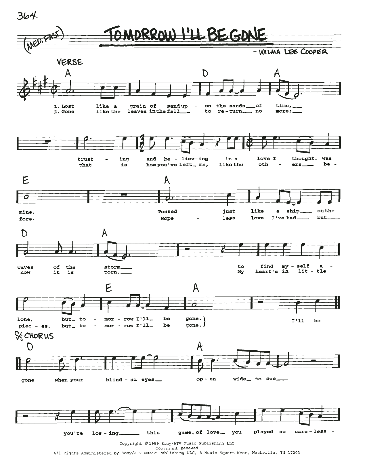 Wilma Lee Cooper Tomorrow I'll Be Gone Sheet Music