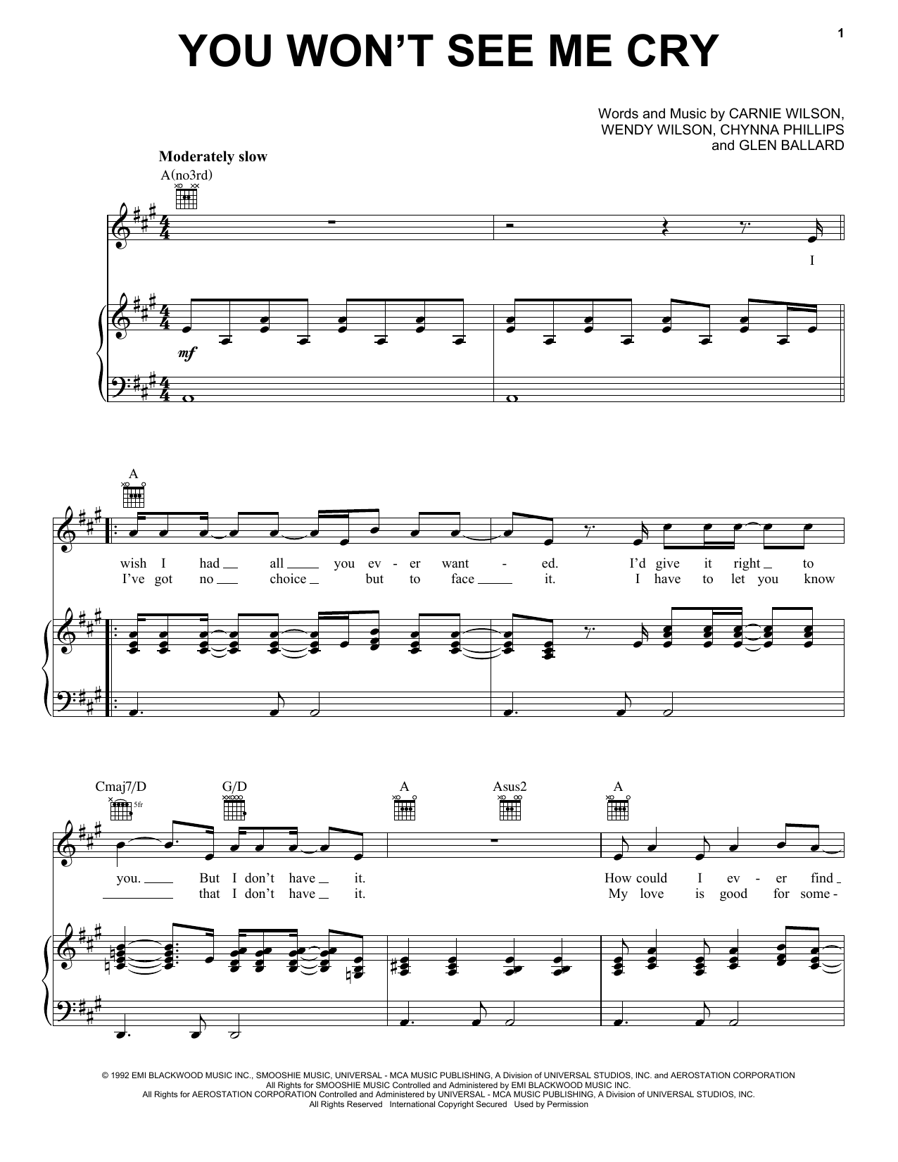 Wilson Phillips You Won't See Me Cry Sheet Music