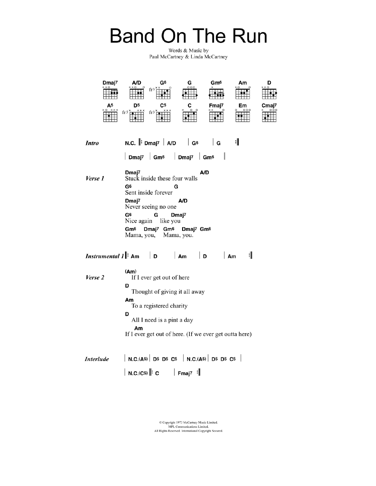 Paul McCartney & Wings Band On The Run Sheet Music