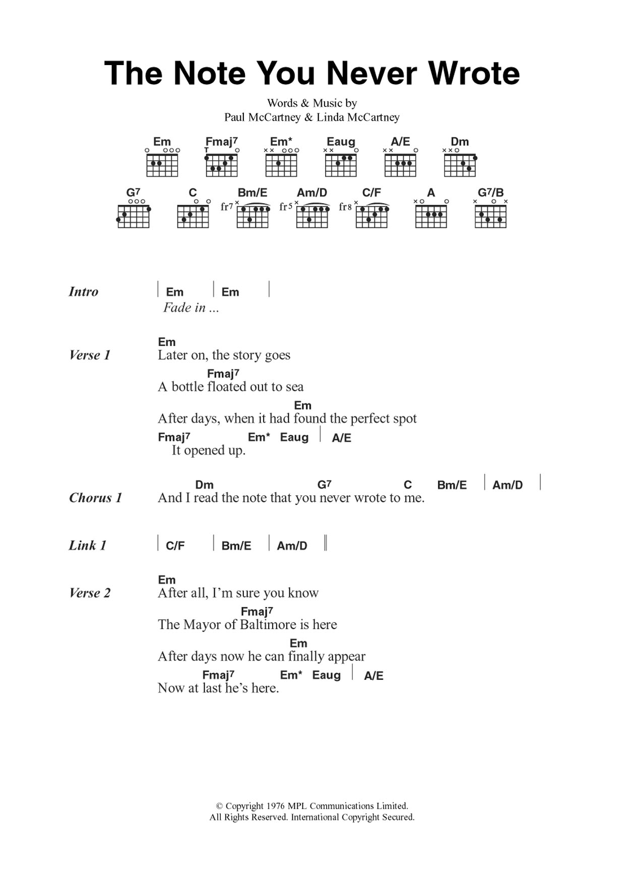 Wings The Note You Never Wrote Sheet Music