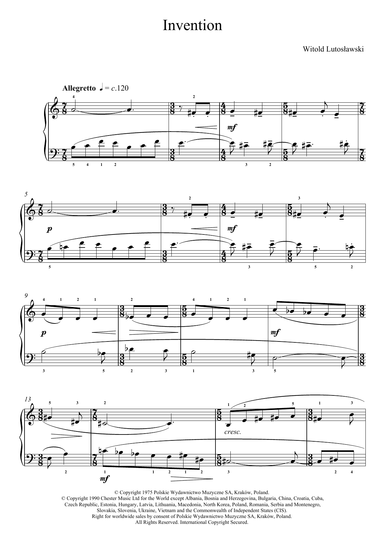 Witold Lutoslawski Invention Sheet Music