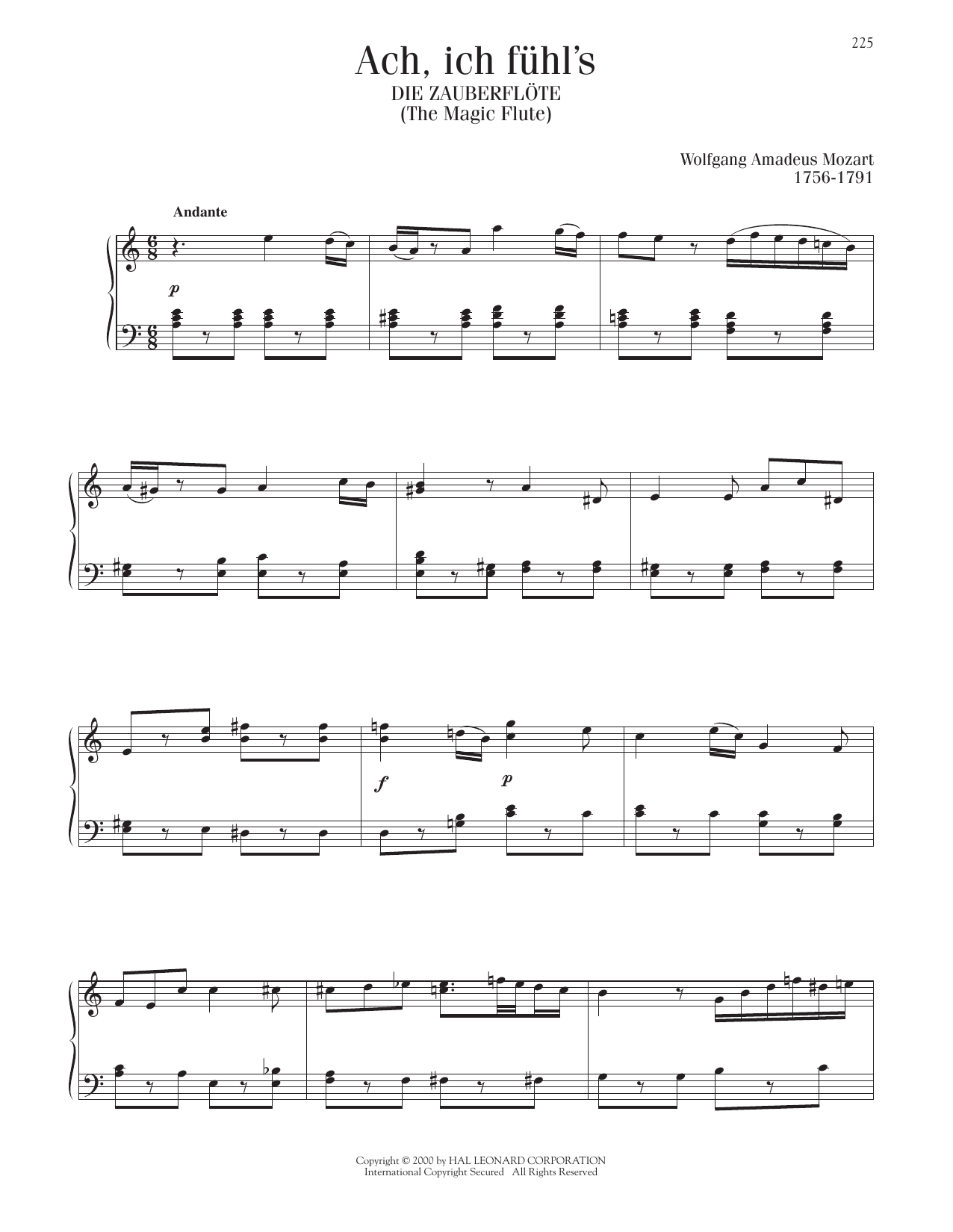 Wolfgang Amadeus Mozart Ach, Ich Fuhl's (The Magic Flute) Sheet Music