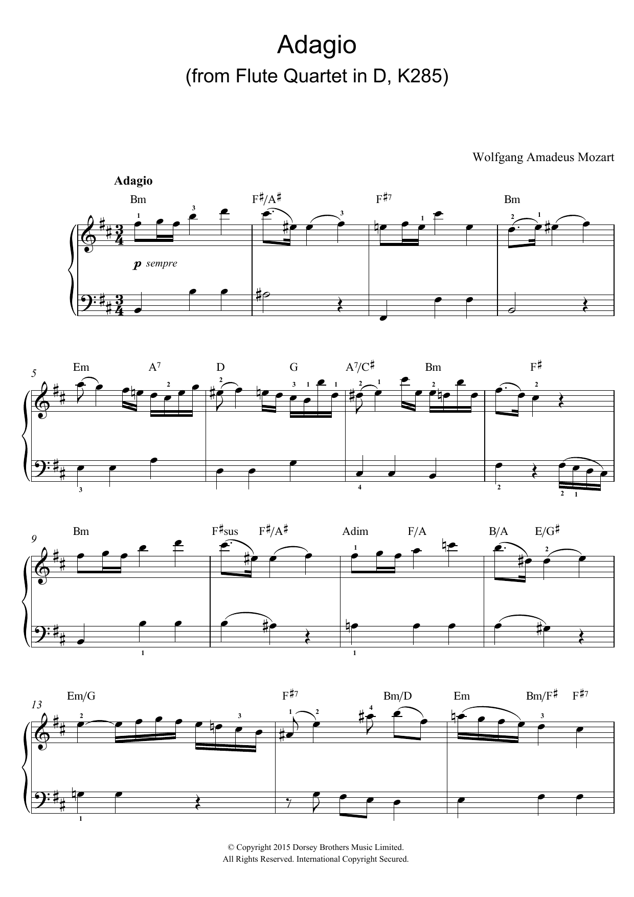 Wolfgang Amadeus Mozart Adagio (from Flute Quartet In D, K285) Sheet Music
