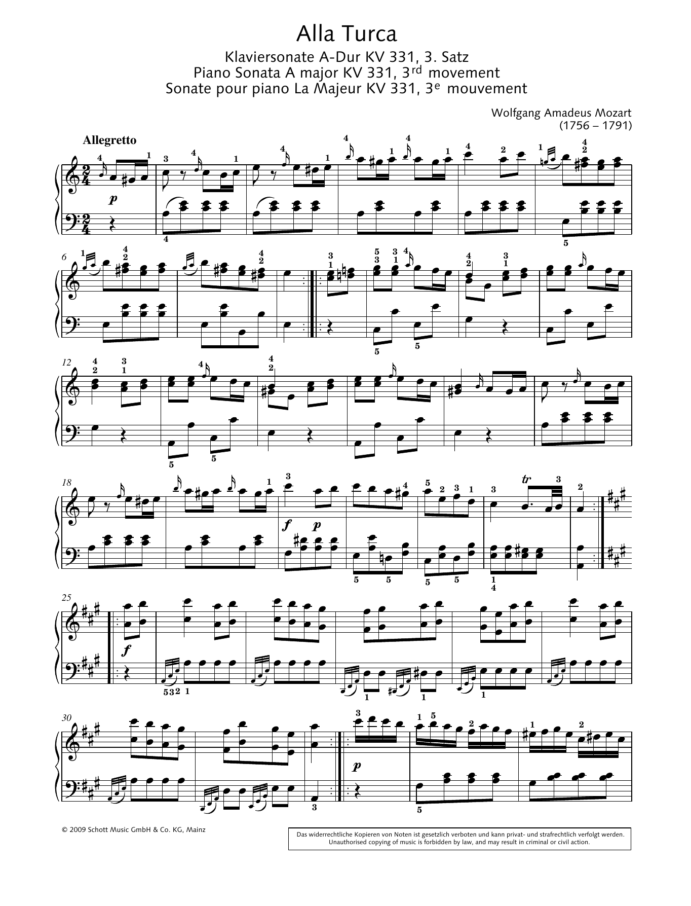 Wolfgang Amadeus Mozart Alla Turca Sheet Music