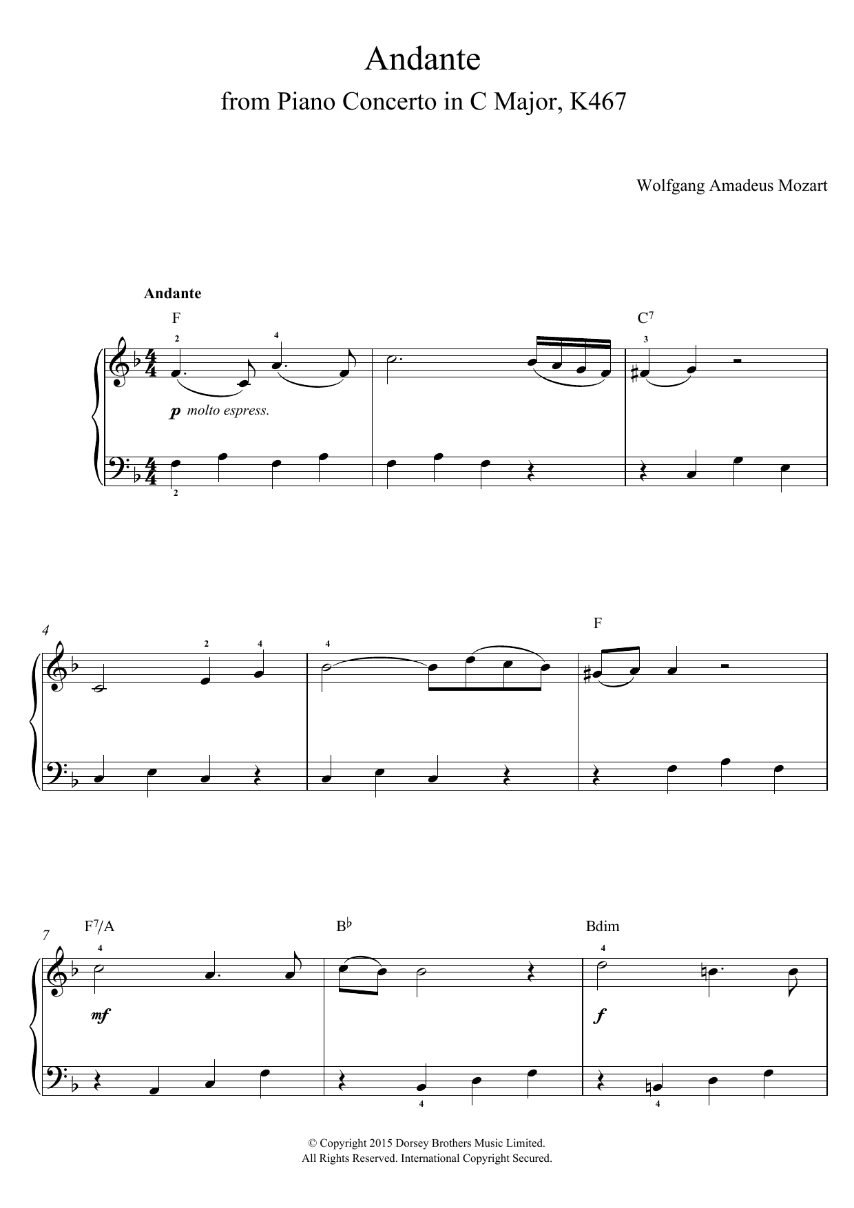Wolfgang Amadeus Mozart Andante from Piano Concerto in C Major (Elvira Madigan) K467 Sheet Music