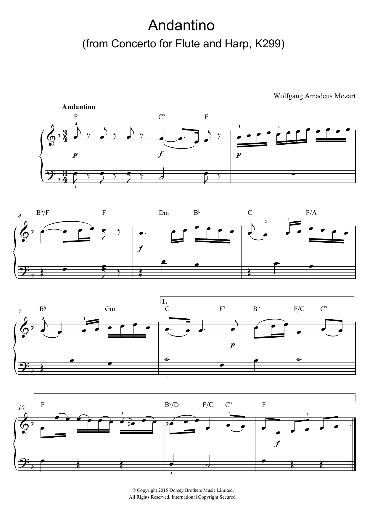 Wolfgang Amadeus Mozart Andantino (from Concerto for Flute and Harp, K299) (excerpt) Sheet Music