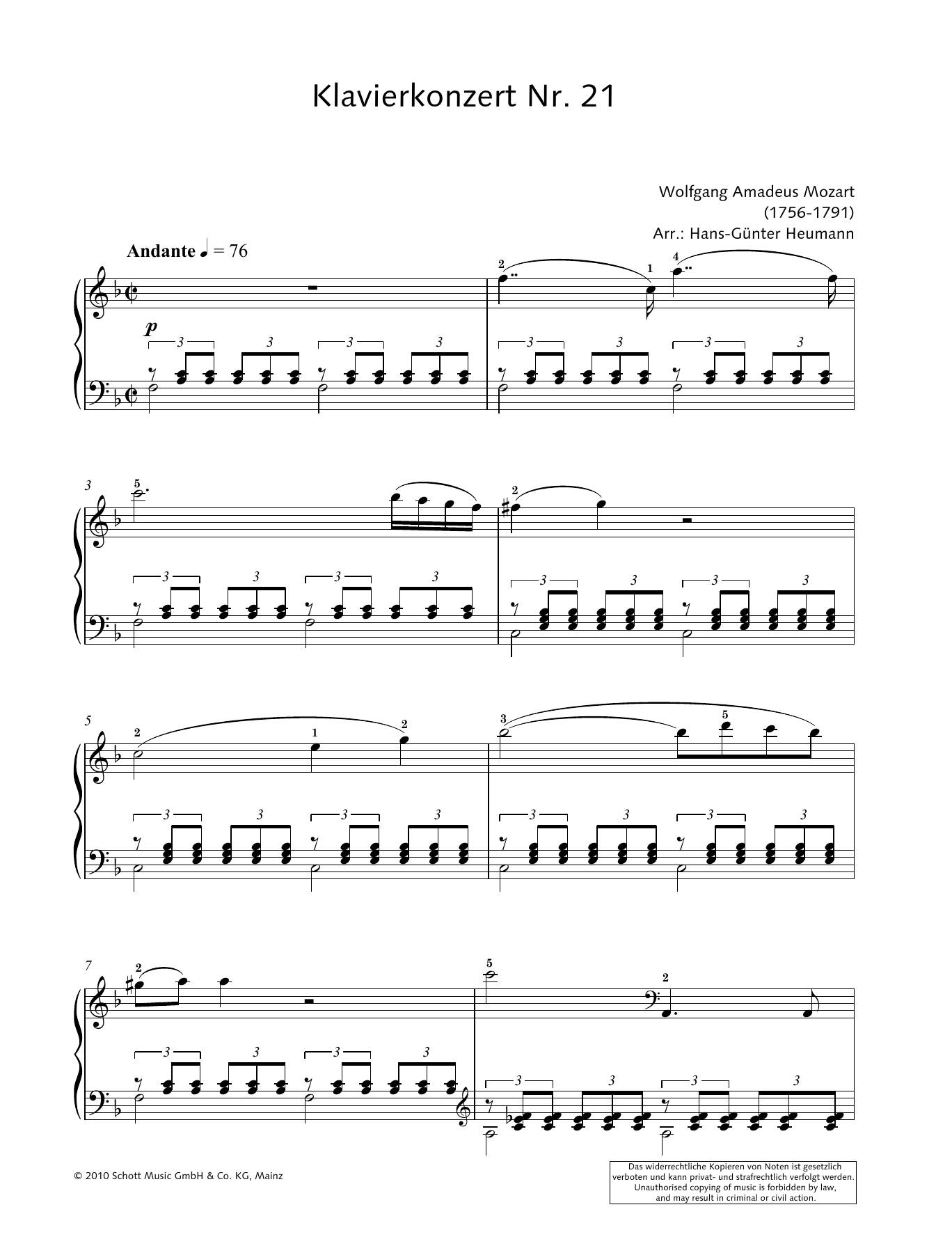 Wolfgang Amadeus Mozart Concerto for Piano and Orchestra No. 21 in C major Sheet Music
