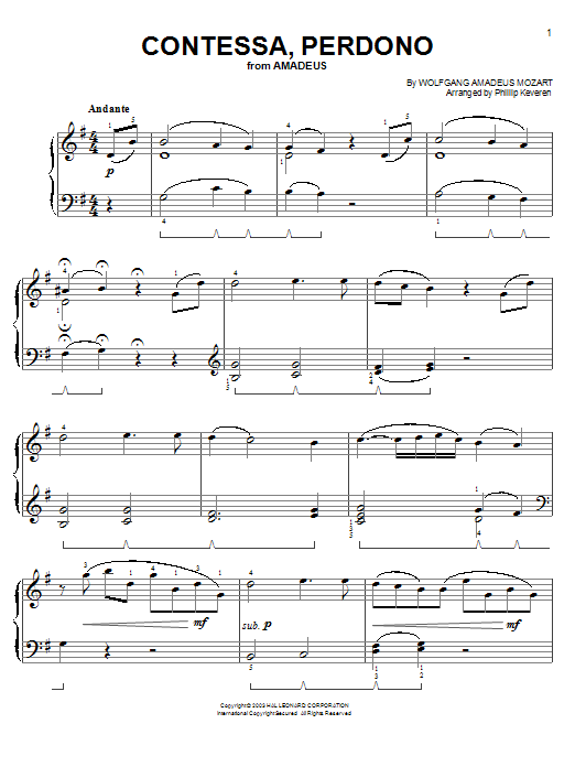 Wolfgang Amadeus Mozart Contessa Perdono (from Amadeus) (arr. Phillip Keveren) Sheet Music