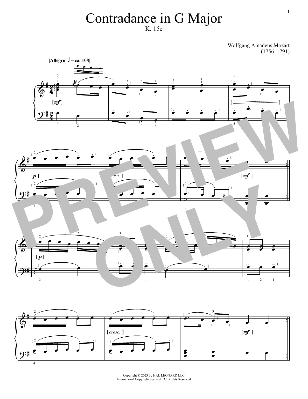 Wolfgang Amadeus Mozart Contradance In G Major, K. 15e Sheet Music