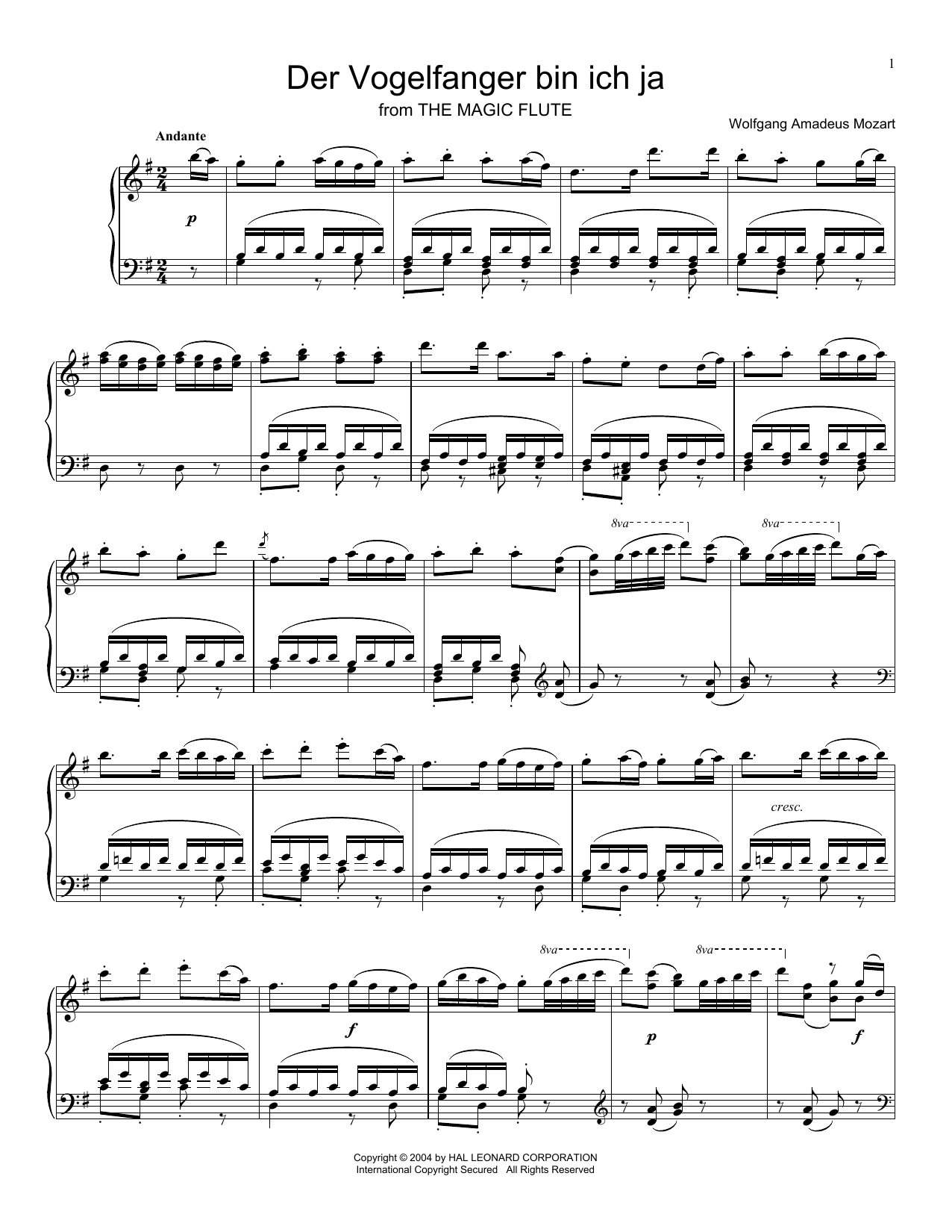 Wolfgang Amadeus Mozart Der Vogelfanger Bin Ich Ja (The Magic Flute) Sheet Music