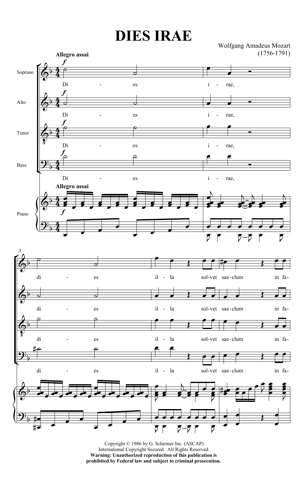 Wolfgang Amadeus Mozart Dies Irae (from Requiem) Sheet Music
