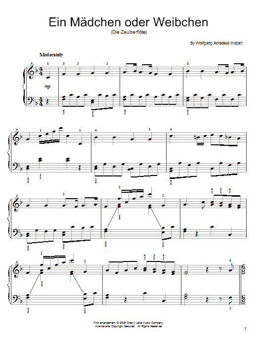 Wolfgang Amadeus Mozart Ein Madchen Oder Weibchen Sheet Music