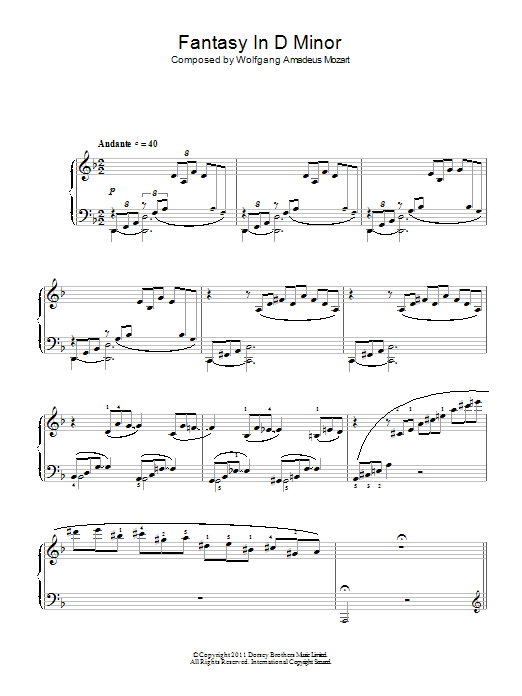 Wolfgang Amadeus Mozart Fantasy In D Minor Sheet Music