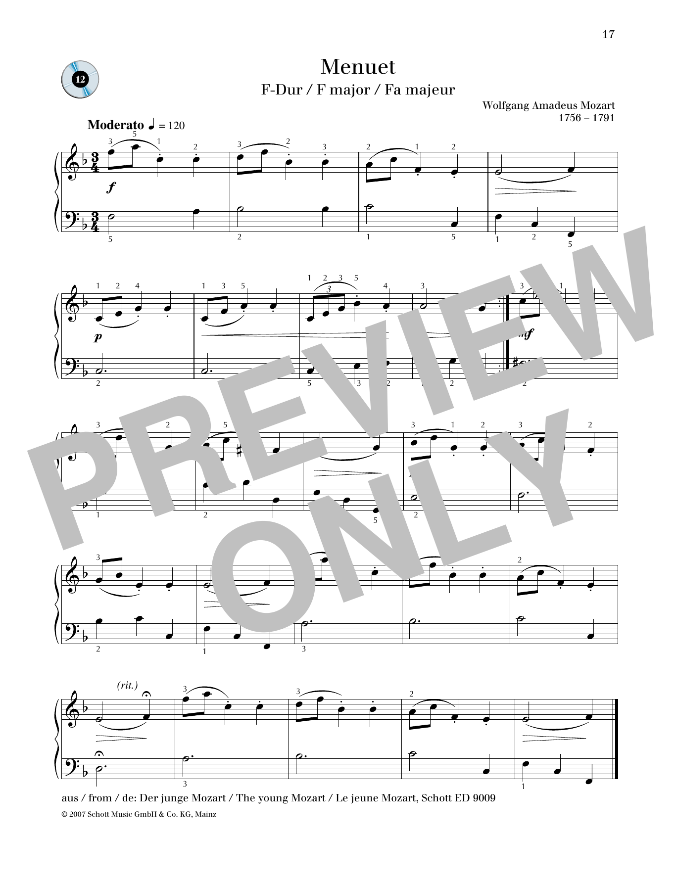 Wolfgang Amadeus Mozart Minuet F major Sheet Music