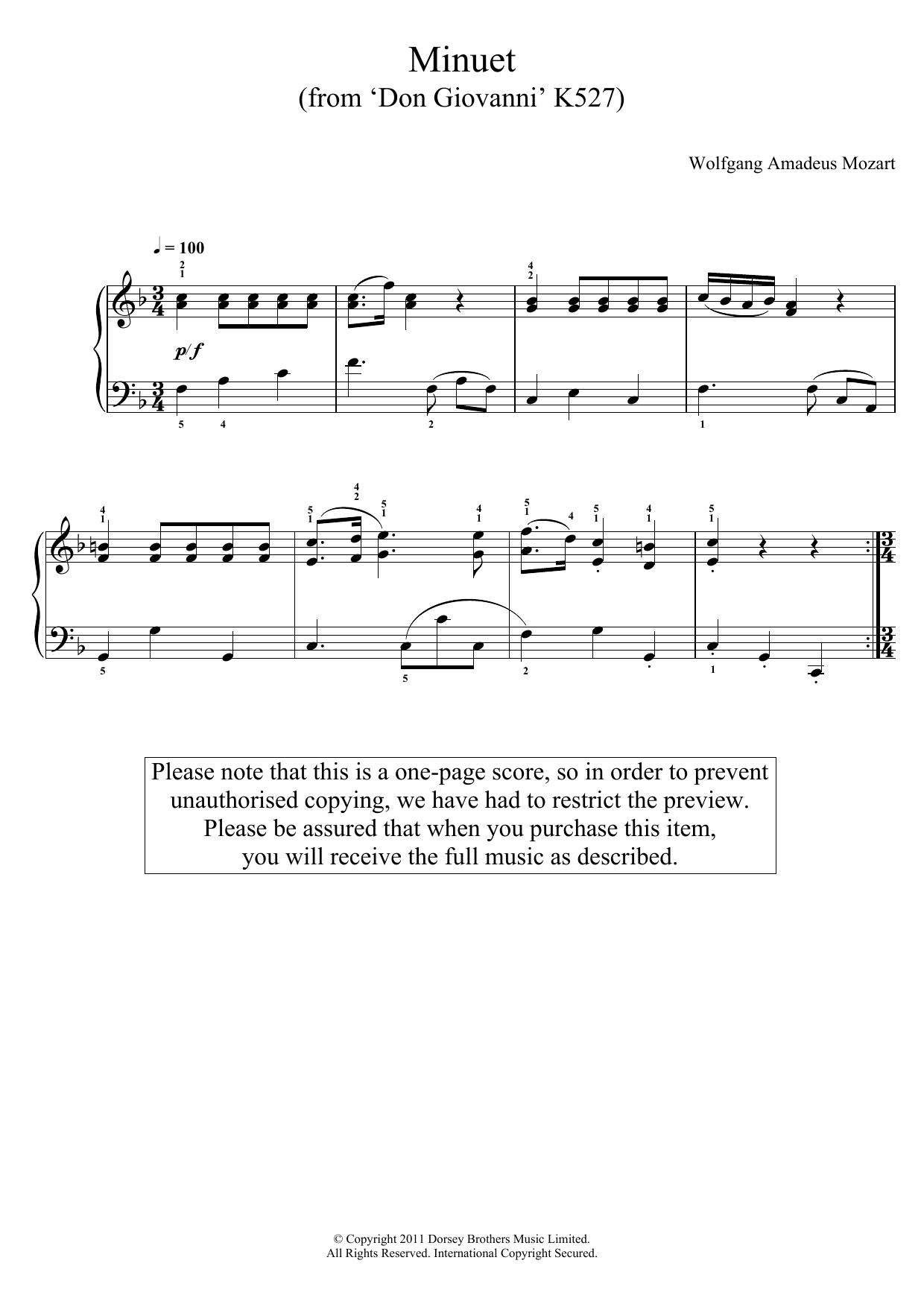 Wolfgang Amadeus Mozart Minuet (from 'Don Giovanni' K527) Sheet Music