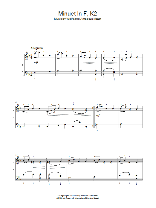 Wolfgang Amadeus Mozart Minuet in F, K2 Sheet Music