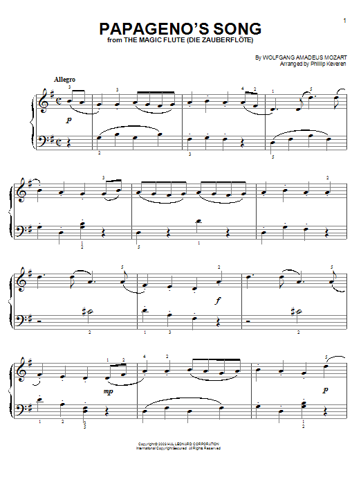 Wolfgang Amadeus Mozart Papageno's Song (from Amadeus) (arr. Phillip Keveren) Sheet Music