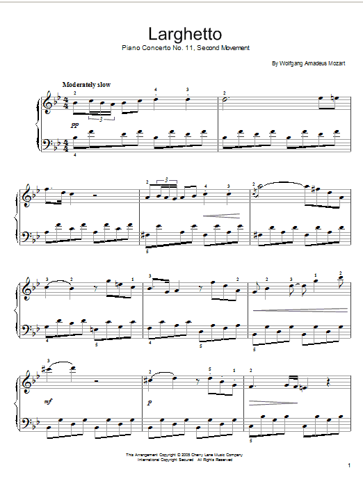 Wolfgang Amadeus Mozart Piano Concerto No.11 (2nd Movement) Sheet Music