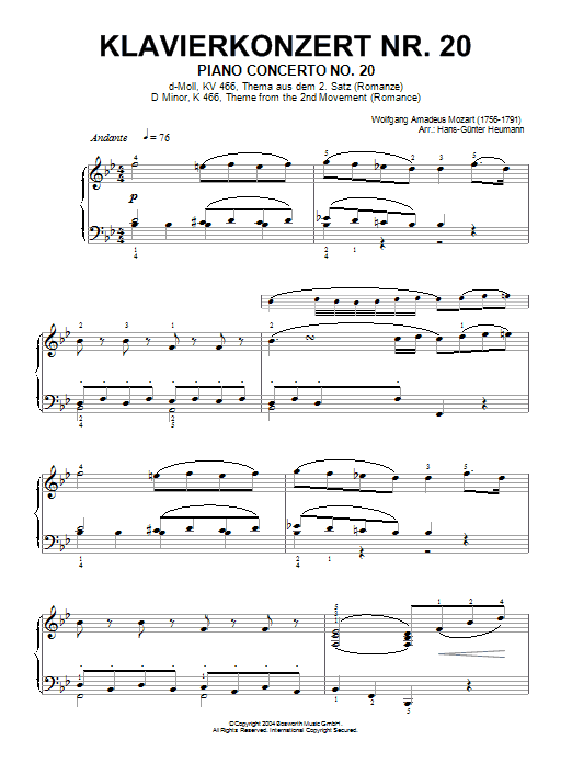 Wolfgang Amadeus Mozart Piano Concerto No.20, theme from the Second Movement (Romance) Sheet Music