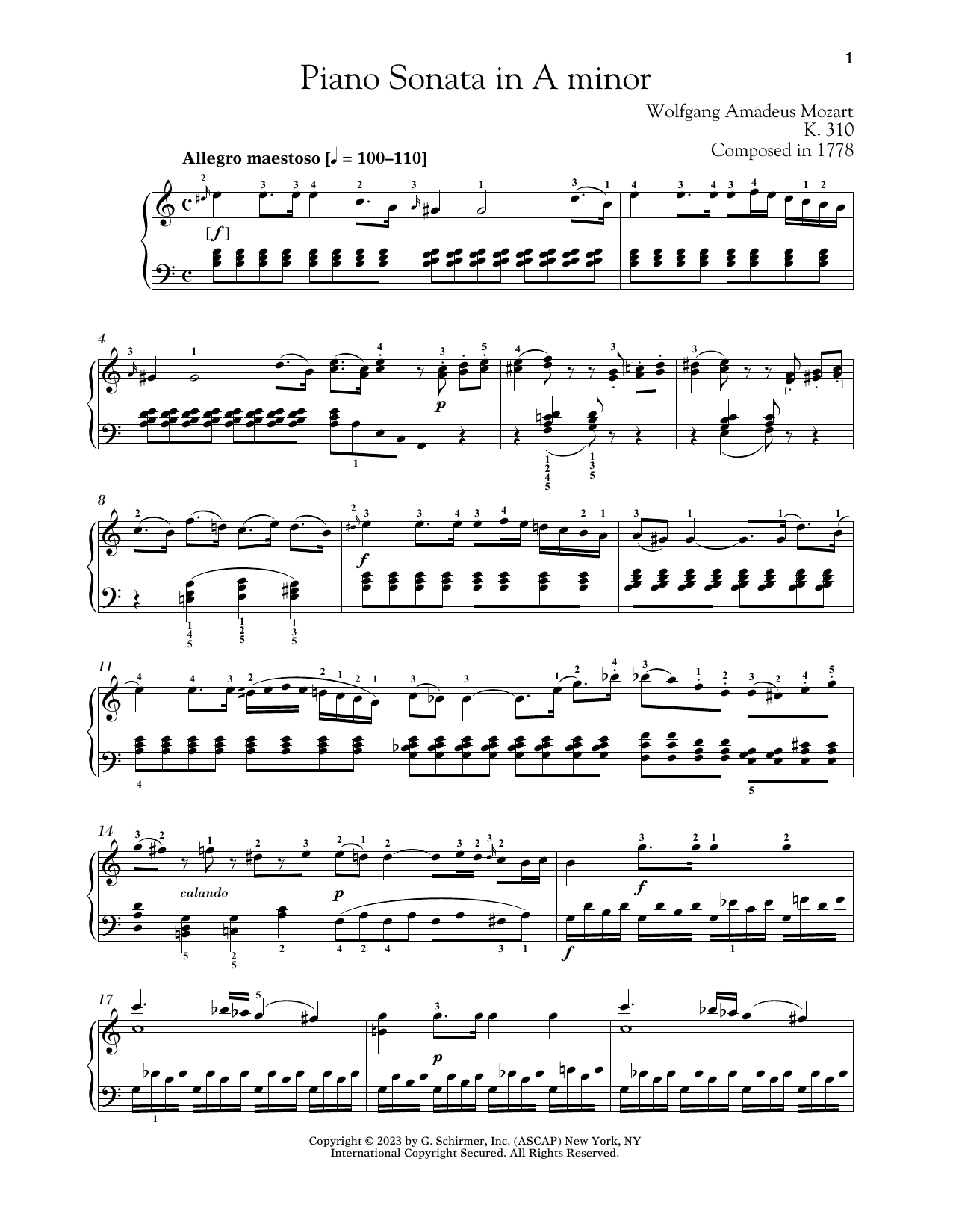 Wolfgang Amadeus Mozart Piano Sonata In A Minor, K. 310 Sheet Music