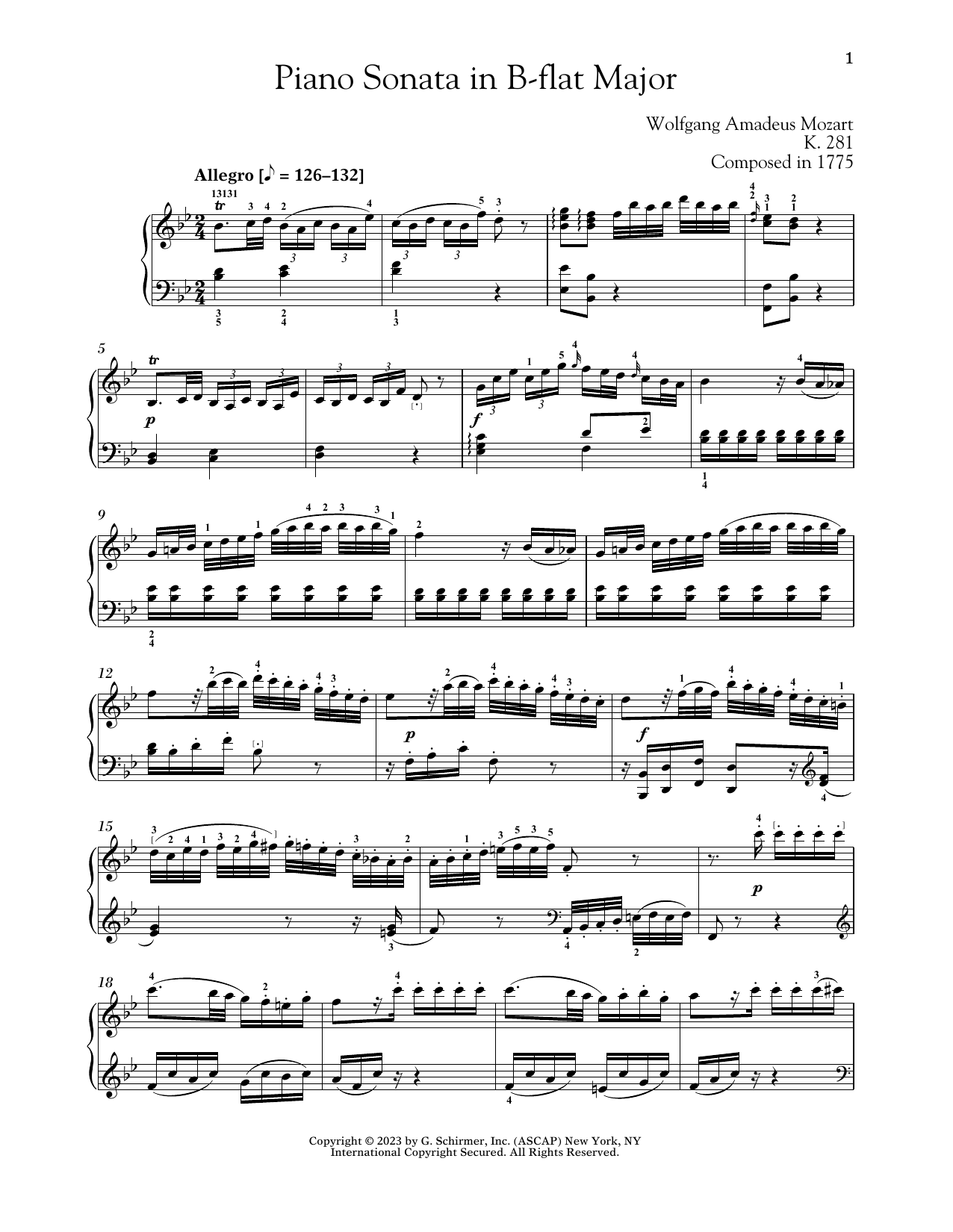 Wolfgang Amadeus Mozart Piano Sonata In B-flat Major, K. 281 Sheet Music