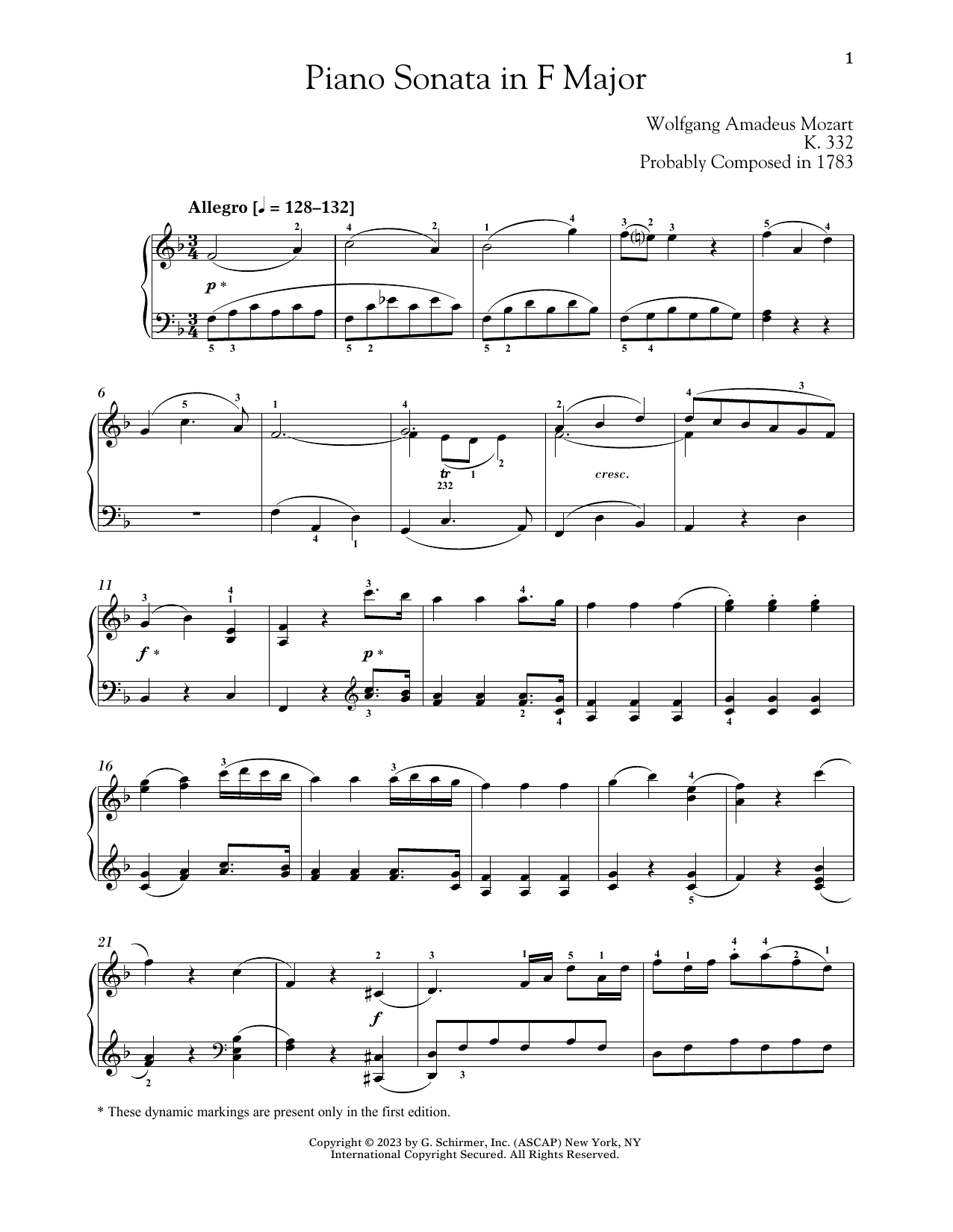 Wolfgang Amadeus Mozart Piano Sonata In F Major, K. 332 Sheet Music