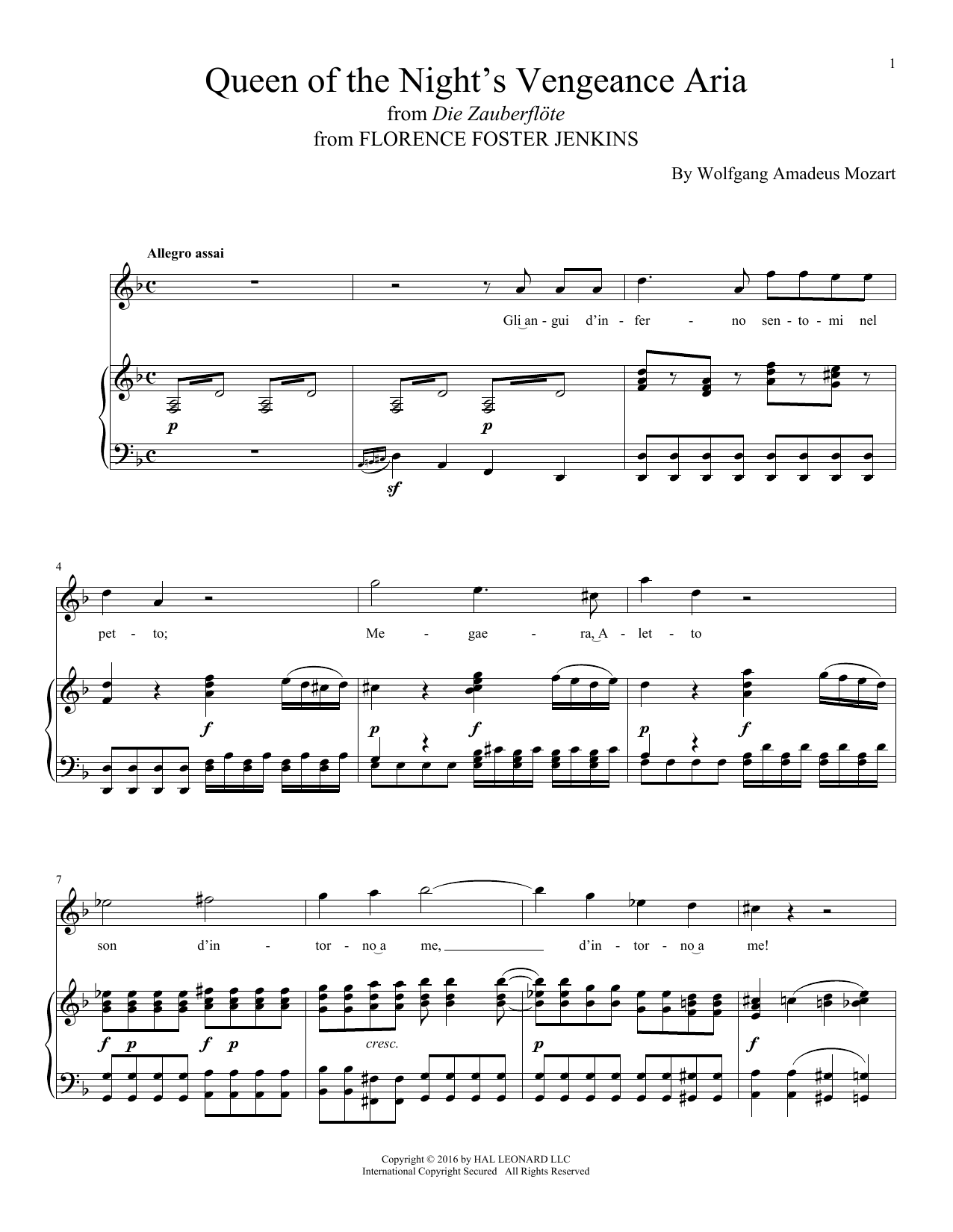 Wolfgang Amadeus Mozart Queen Of The Night's Vengeance Aria Sheet Music
