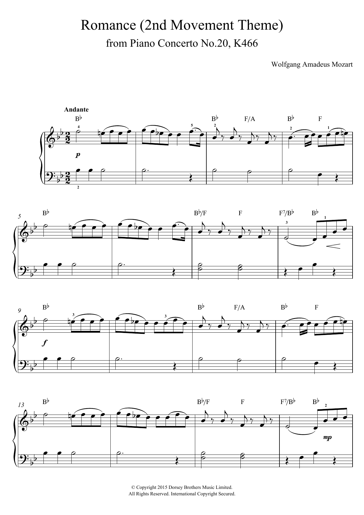 Wolfgang Amadeus Mozart Romance (2nd Movement Theme) from Piano Concerto No.20, K466 Sheet Music