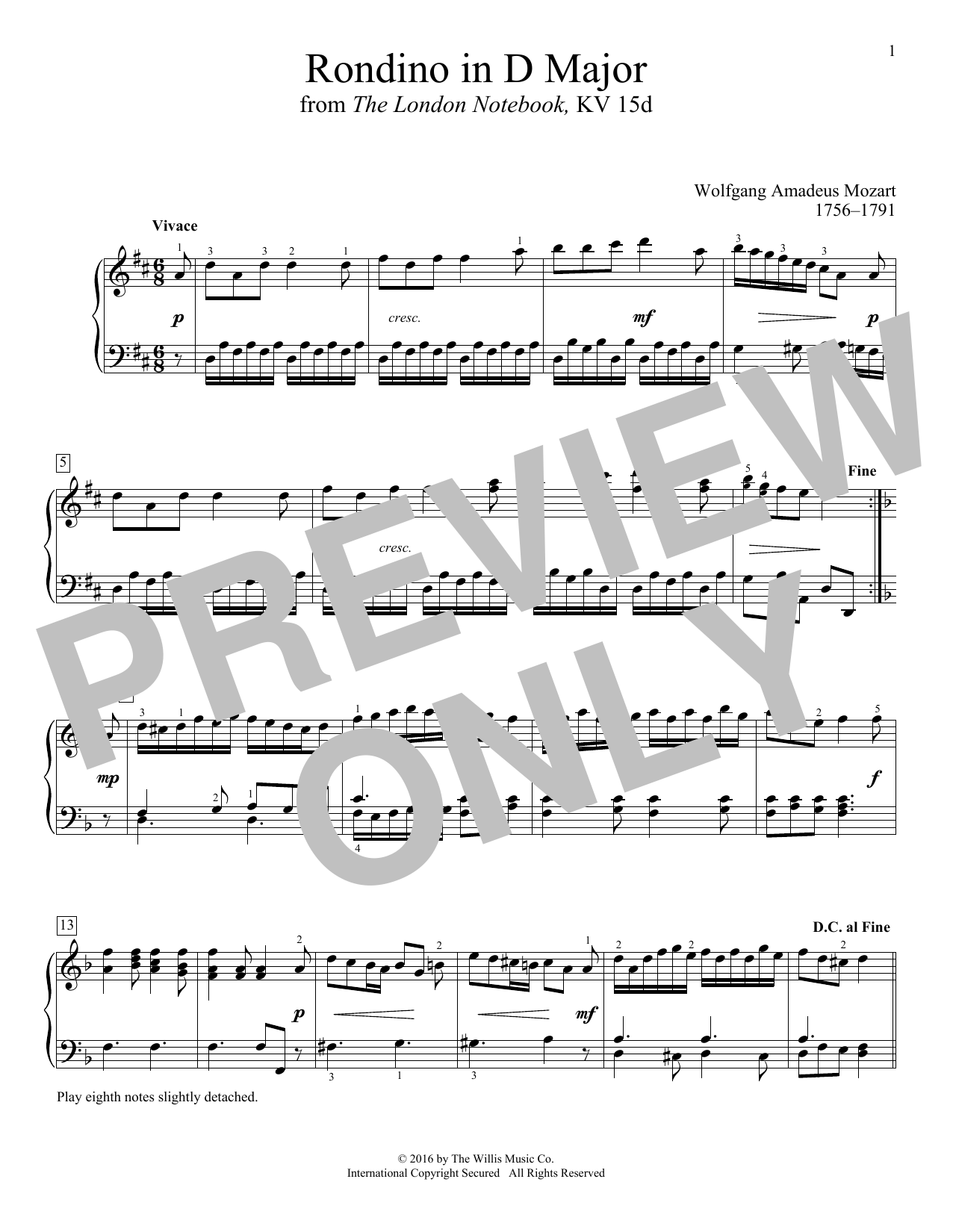 Wolfgang Amadeus Mozart Rondino In D Major Sheet Music