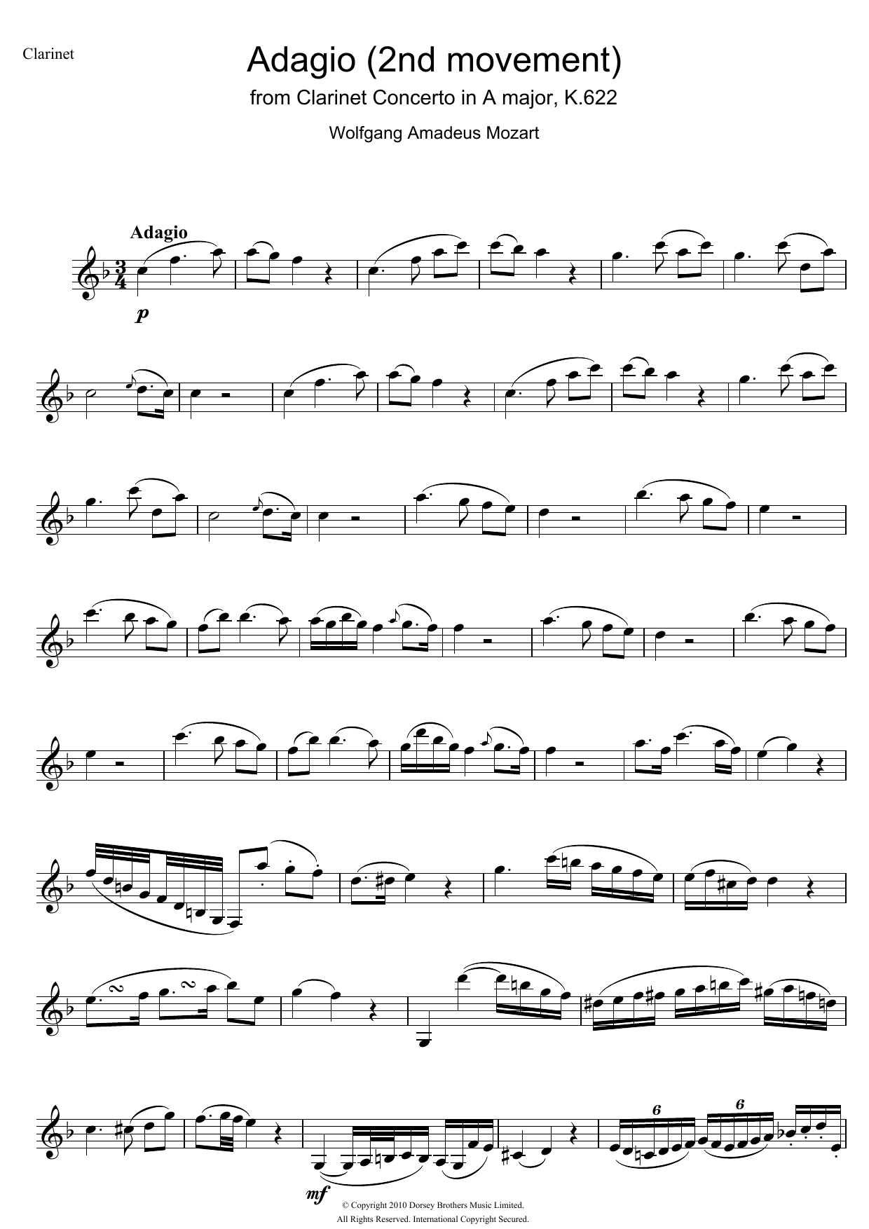 Wolfgang Amadeus Mozart Slow Movement Theme (from Clarinet Concerto K622) Sheet Music