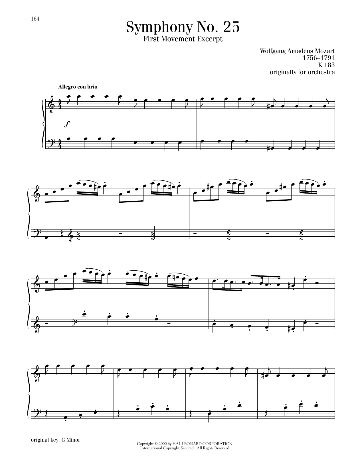 Wolfgang Amadeus Mozart Symphony No. 25, First Movement Excerpt Sheet Music
