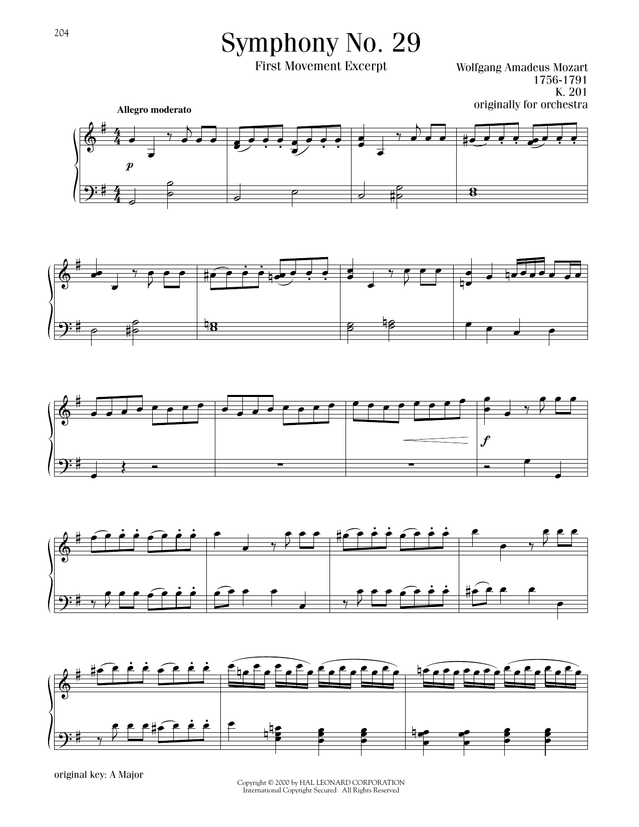 Wolfgang Amadeus Mozart Symphony No. 29, First Movement Excerpt Sheet Music