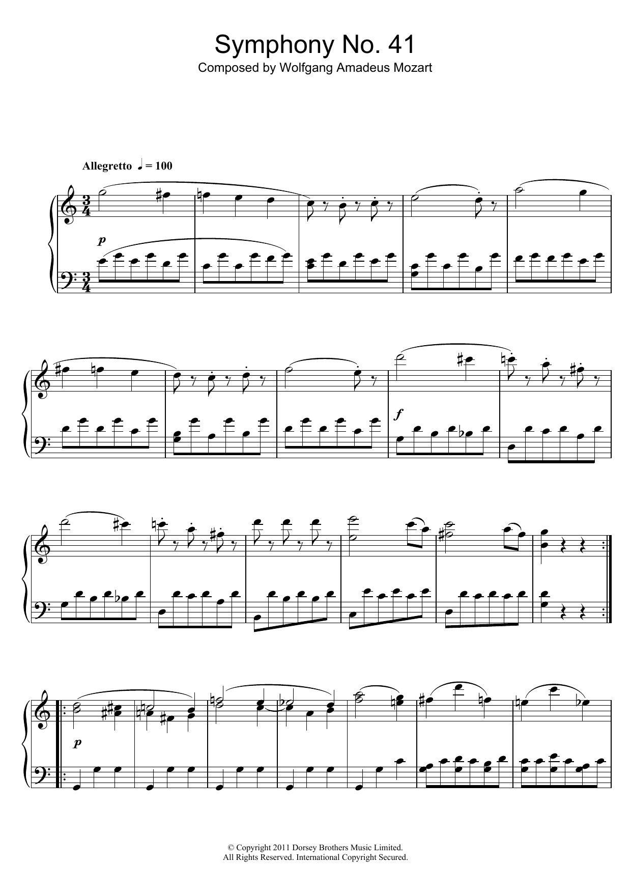 Wolfgang Amadeus Mozart Symphony No.41 'Jupiter' (3rd Movement: Minuet) Sheet Music
